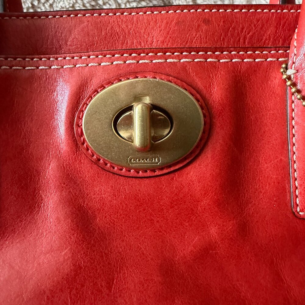 Vintage Coach Leather Satchel Handbag Orange Red Brass Hardware - Picture 3 of 8